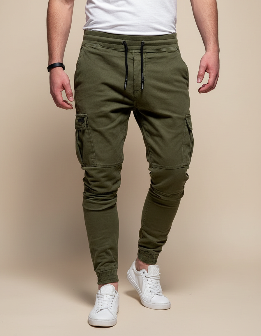 Pantalon Cargo Vert Militaire Jogger Cordon Élastique - Kaki Molleton