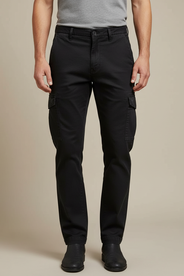 Pantalon Cargo Noir Coton Coupe Droite Homme