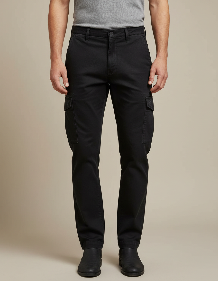 Pantalon Cargo Noir Coton Coupe Droite Homme