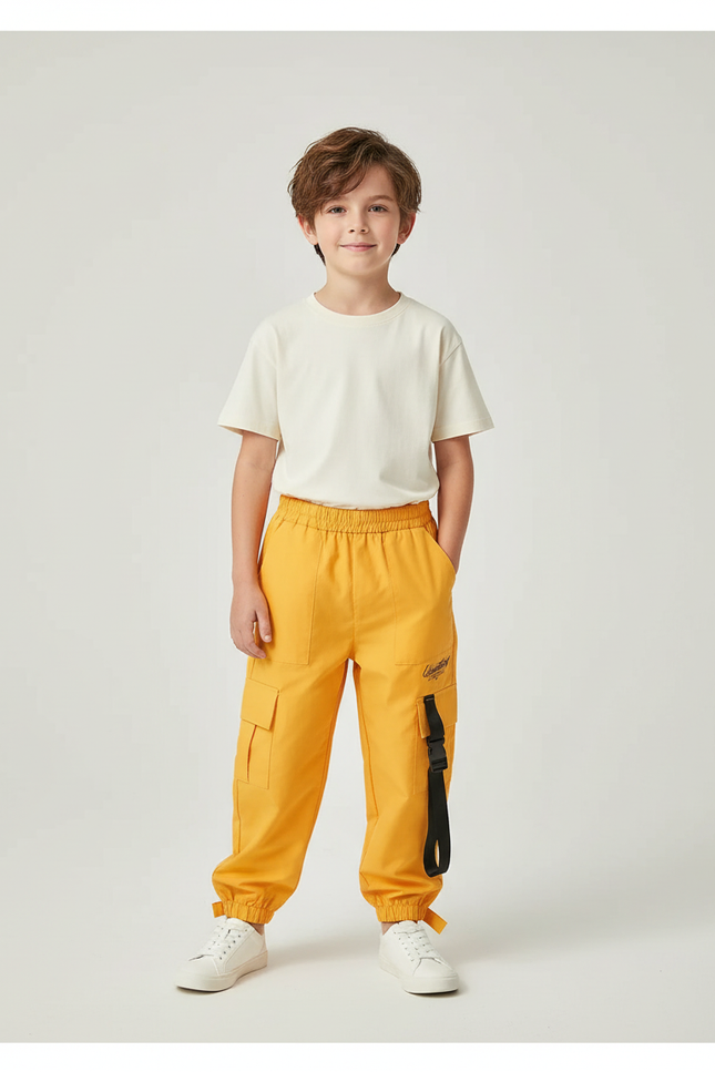 Pantalon Cargo Jaune Ample Poches Sangles Enfant - Toile