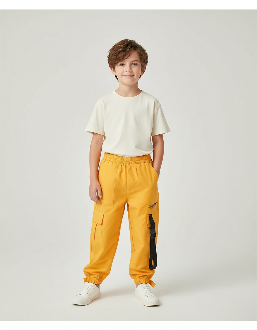 Pantalon Cargo Jaune Ample Poches Sangles Enfant - Toile