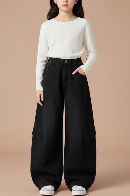 Pantalon Cargo Noir Ample Enfant Multipoches - Jean