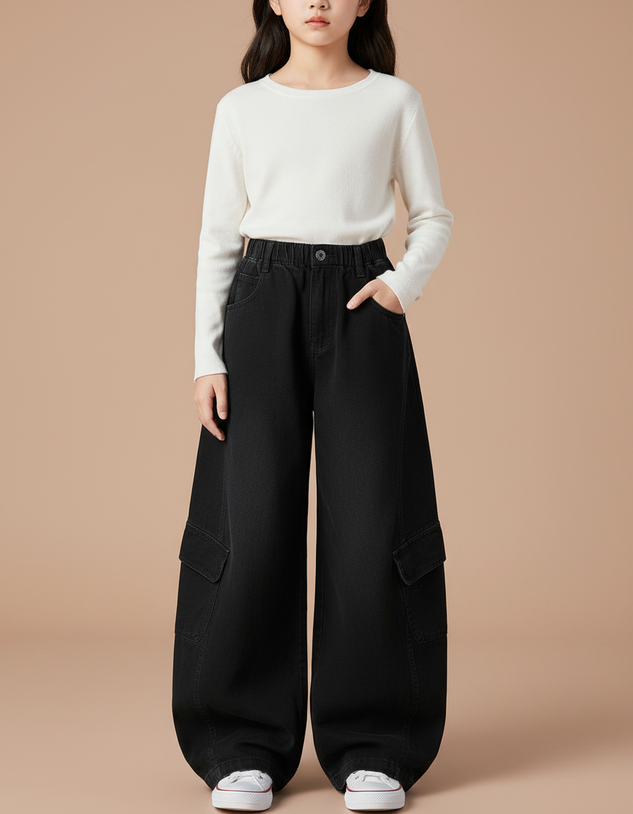 Pantalon Cargo Noir Ample Enfant Multipoches - Jean