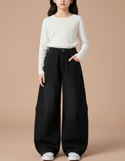 Pantalon Cargo Noir Ample Enfant Multipoches - Jean