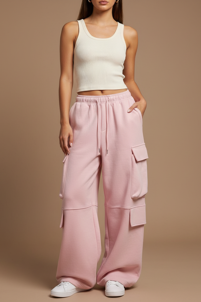 Pantalon Cargo Rose Ample Coton Multipoches Femme - Molleton
