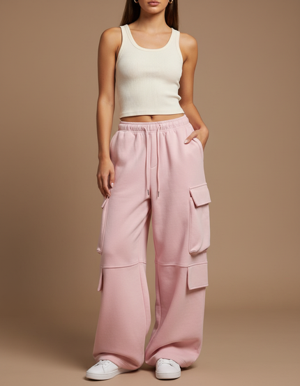 Pantalon Cargo Rose Ample Coton Multipoches Femme - Molleton