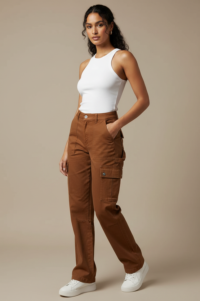 Pantalon Cargo Marron Droit Multipoches Décontracté Femme - Gabardine