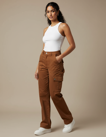 Pantalon Cargo Marron Droit Multipoches Décontracté Femme - Gabardine