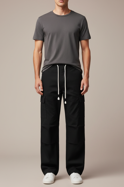 Pantalon Cargo Noir Coton Ample Multipoches Décontracté