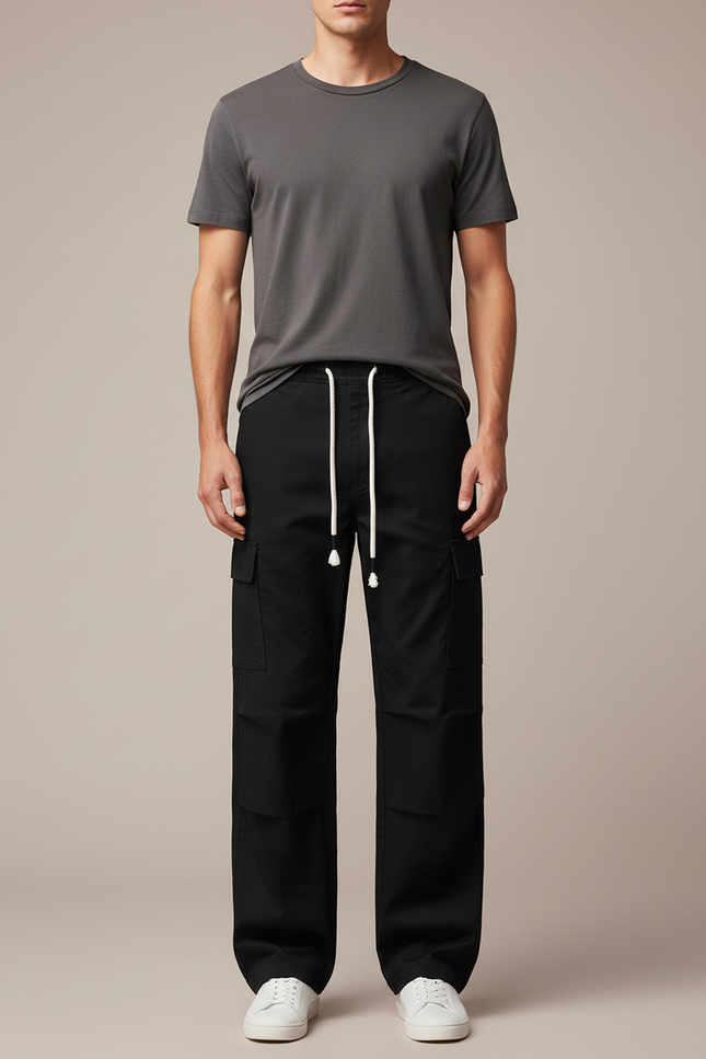 Pantalon Cargo Noir Coton Ample Multipoches Décontracté