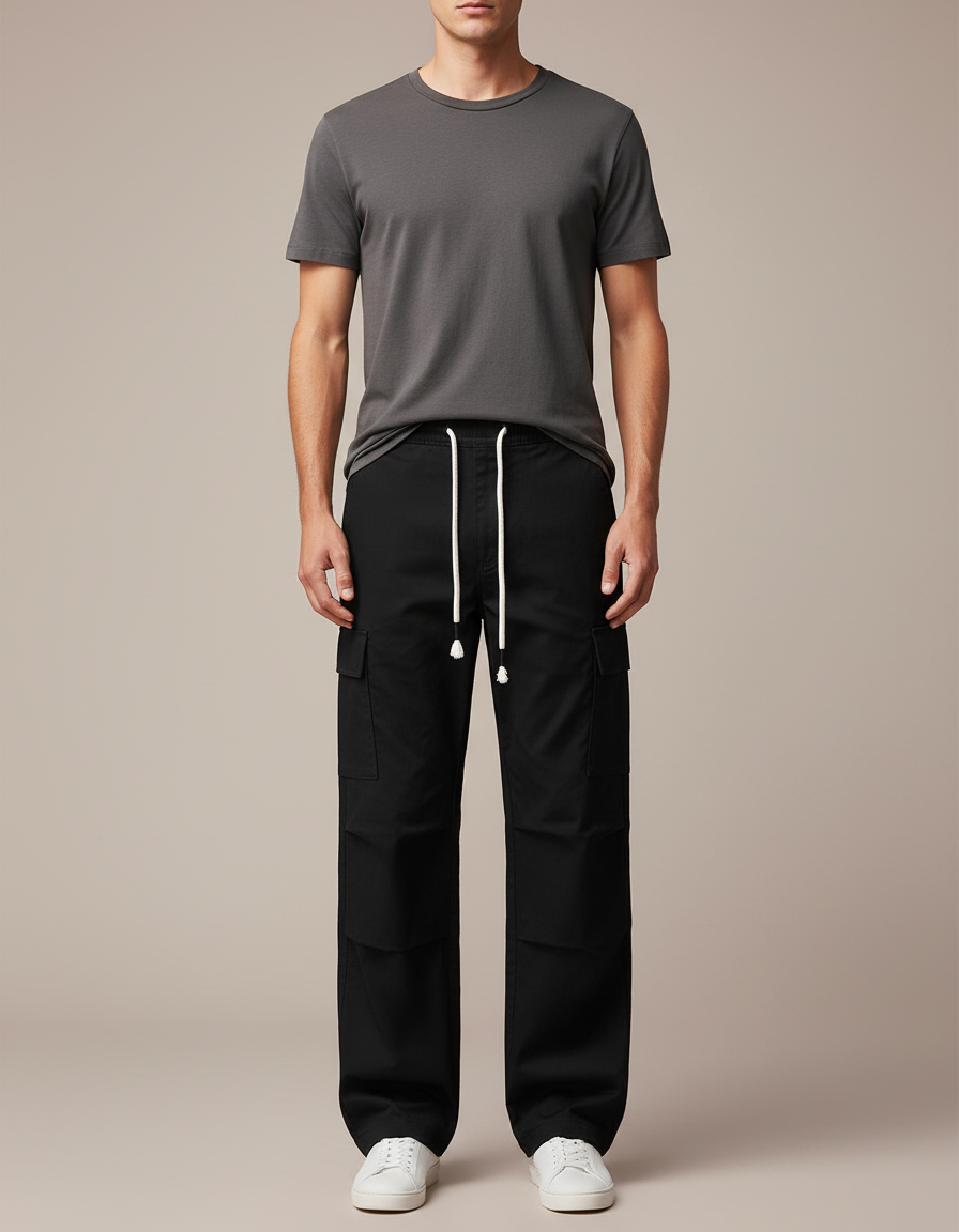 Pantalon Cargo Noir Coton Ample Multipoches Décontracté