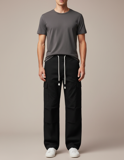 Pantalon Cargo Noir Coton Ample Multipoches Décontracté
