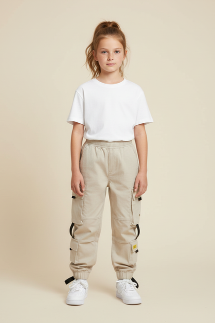 Pantalon Cargo Beige Enfant Multi-Poches Décontracté - Toile