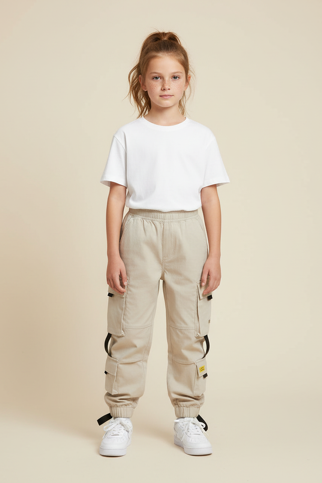 Pantalon Cargo Beige Enfant Multi-Poches Décontracté - Toile