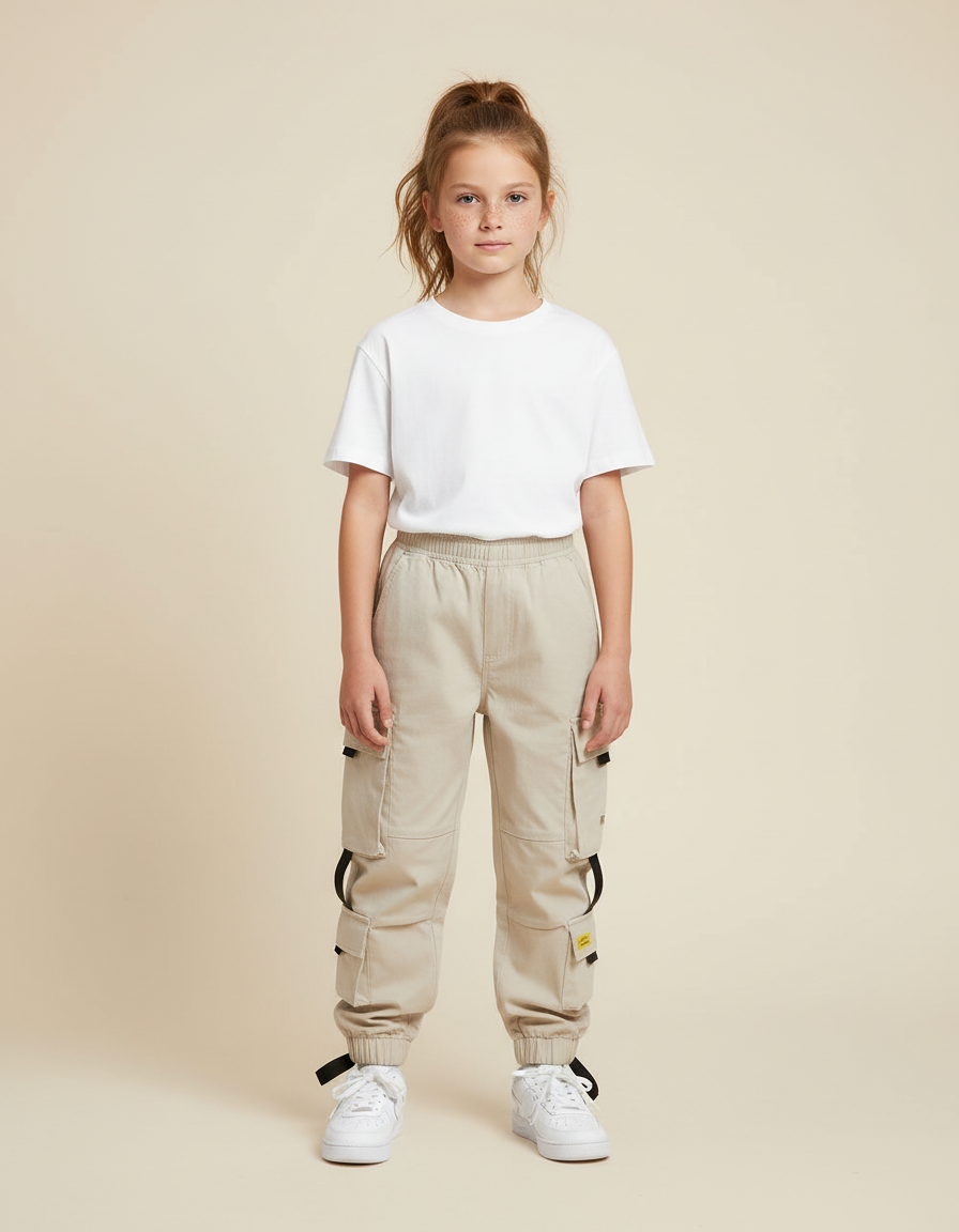 Pantalon Cargo Beige Enfant Multi-Poches Décontracté - Toile
