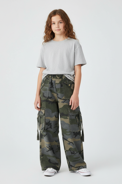 Pantalon Cargo Camouflage Ample Poches Fille Coton - Multicolore Molleton