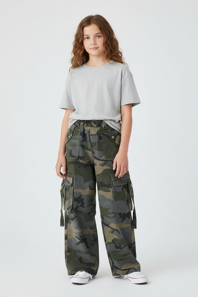 Pantalon Cargo Camouflage Ample Poches Fille Coton - Multicolore Molleton