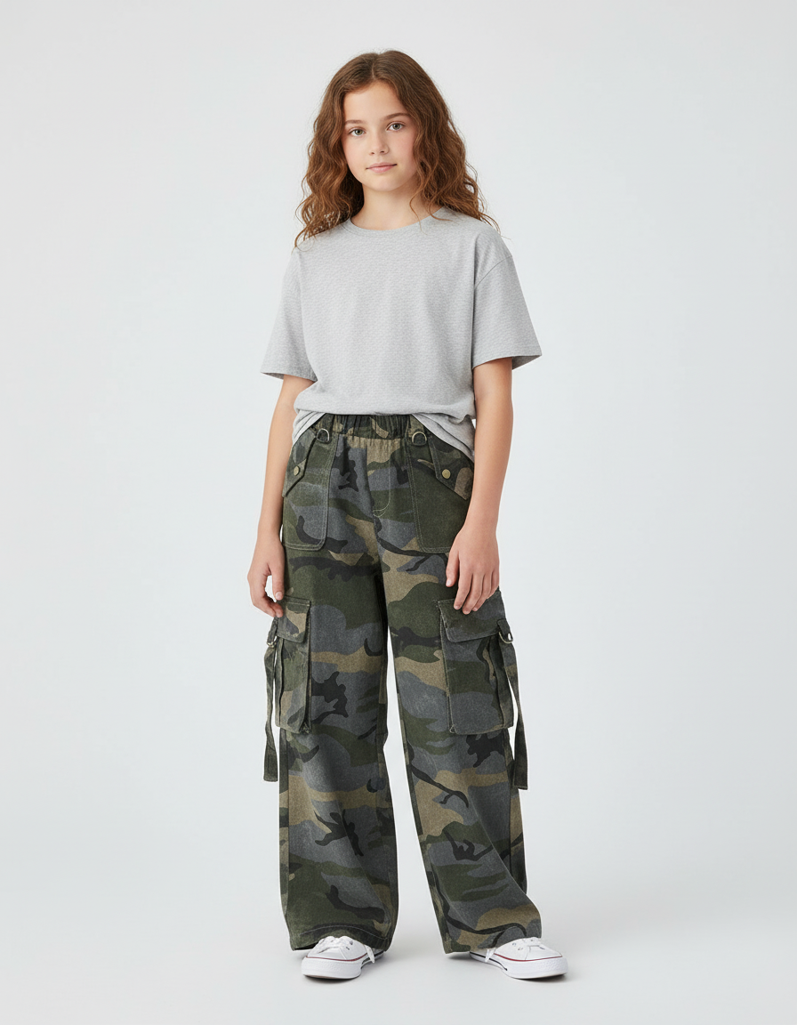 Pantalon Cargo Camouflage Ample Poches Fille Coton - Multicolore Molleton