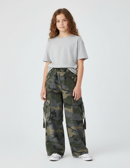 Pantalon Cargo Camouflage Ample Poches Fille Coton - Multicolore Molleton