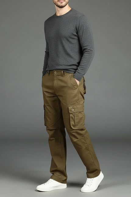 Pantalon Cargo Homme Kaki Coton Ample Multipoches Décontracté
