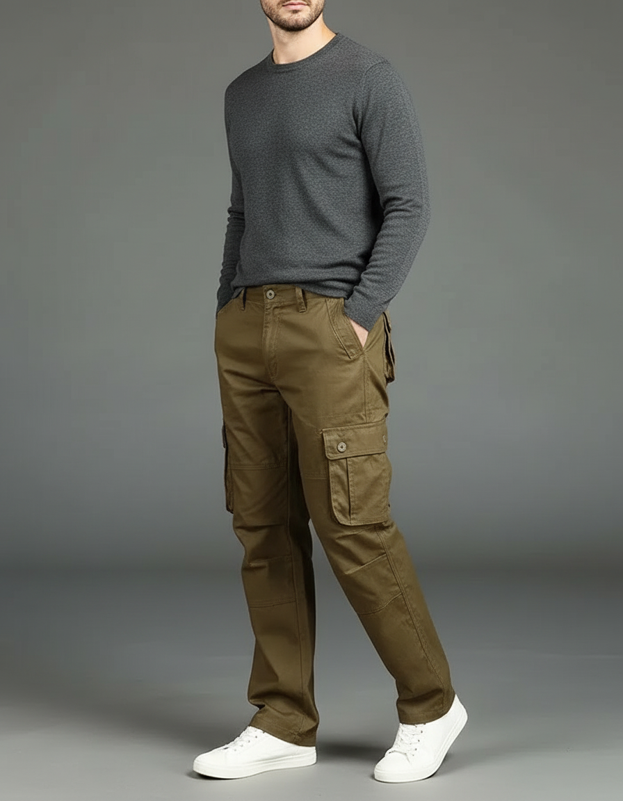 Pantalon Cargo Homme Kaki Coton Ample Multipoches Décontracté