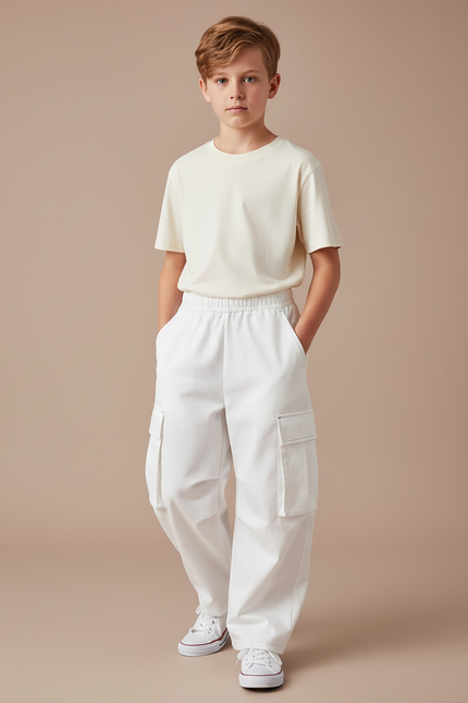 Pantalon Cargo Blanc Ample Élastique Multipoches Garçon - Toile