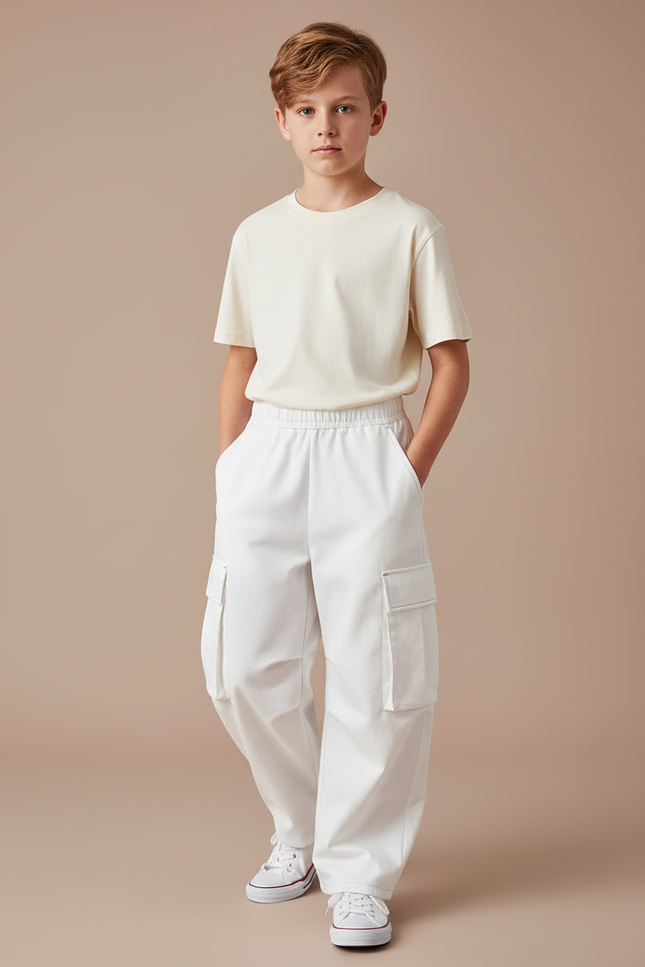 Pantalon Cargo Blanc Ample Élastique Multipoches Garçon - Toile