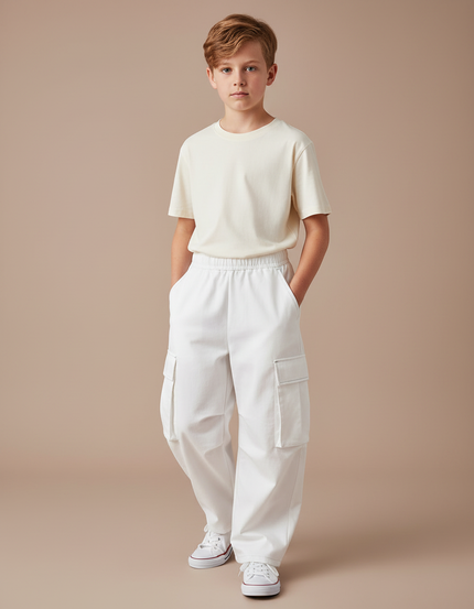 Pantalon Cargo Blanc Ample Élastique Multipoches Garçon - Toile