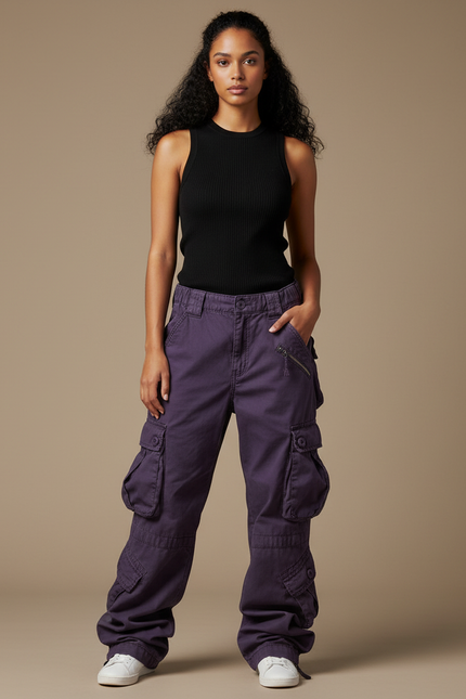 Pantalon Cargo Ample Violet Multipoches Femme - Toile