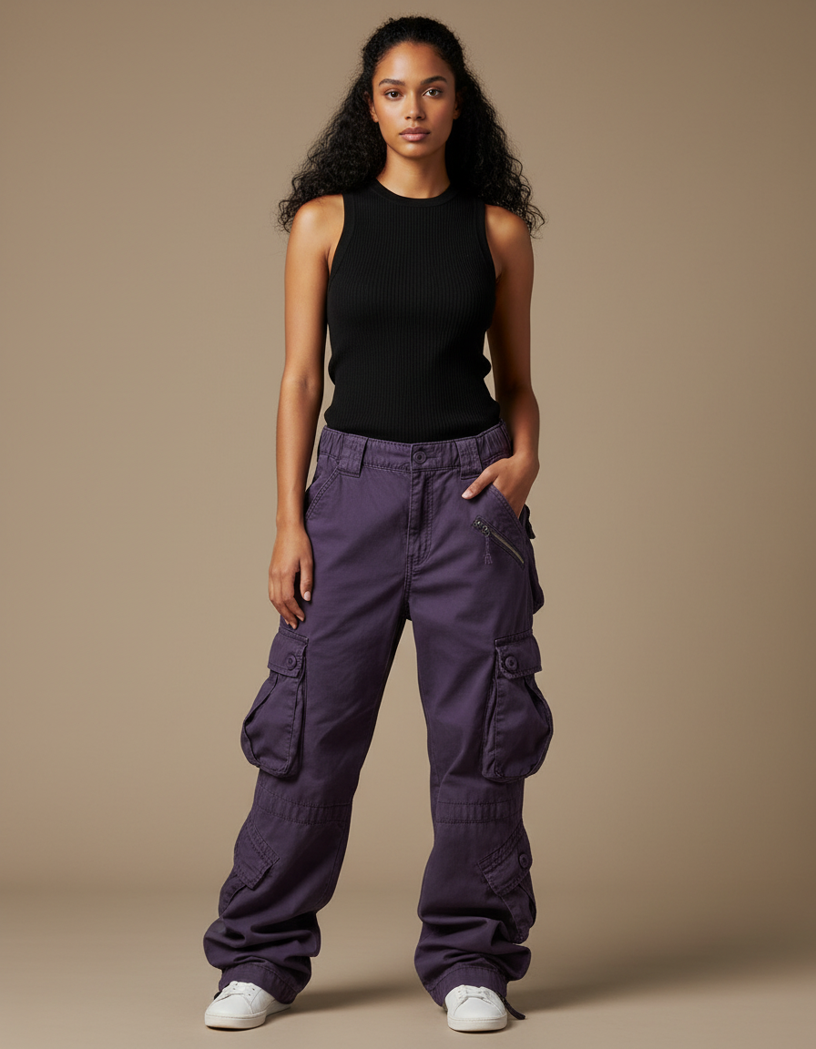 Pantalon Cargo Ample Violet Multipoches Femme - Toile