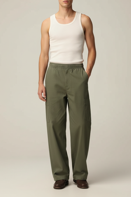 Pantalon Cargo Vert Ample Décontracté Coton Homme - Kaki