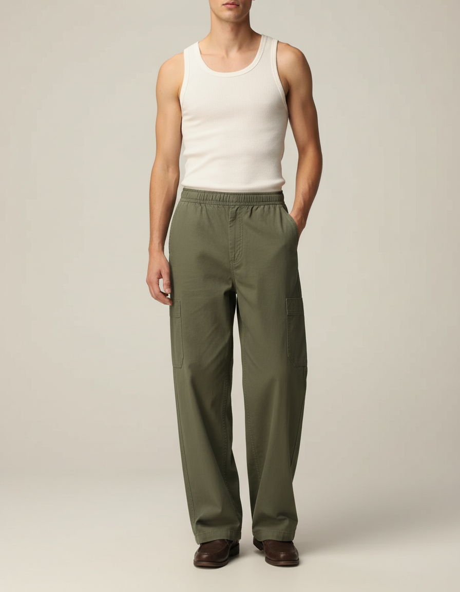 Pantalon Cargo Vert Ample Décontracté Coton Homme - Kaki