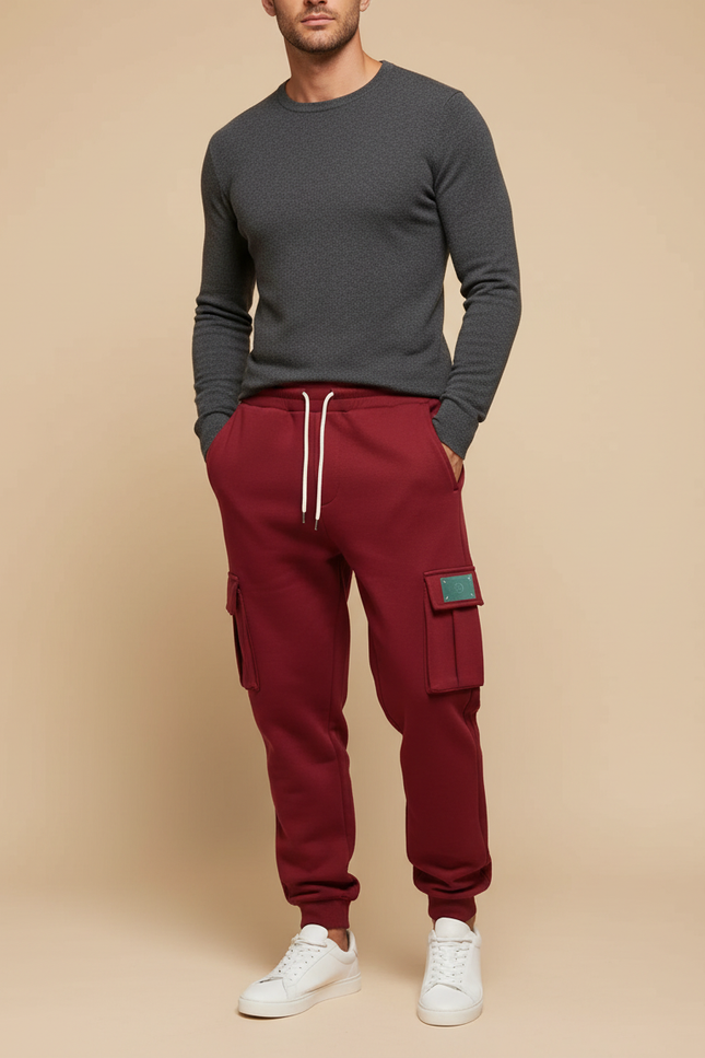 Pantalon Cargo Bordeaux Molletonné Ample Multi-Poches Homme