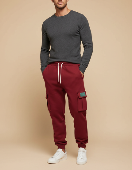 Pantalon Cargo Bordeaux Molletonné Ample Multi-Poches Homme