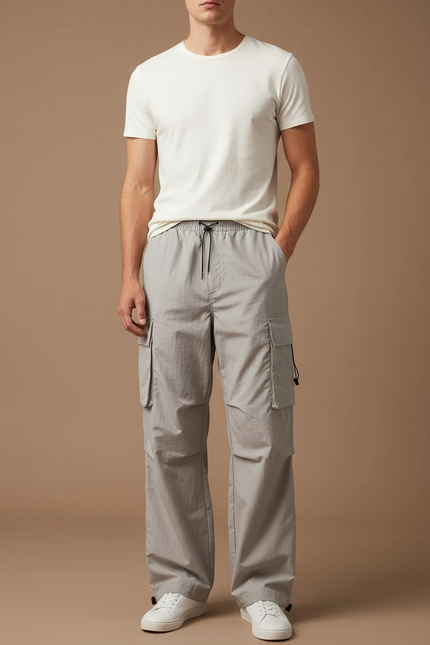 Pantalon Cargo Gris Ample Décontracté Léger Multi-Poches - Polyester
