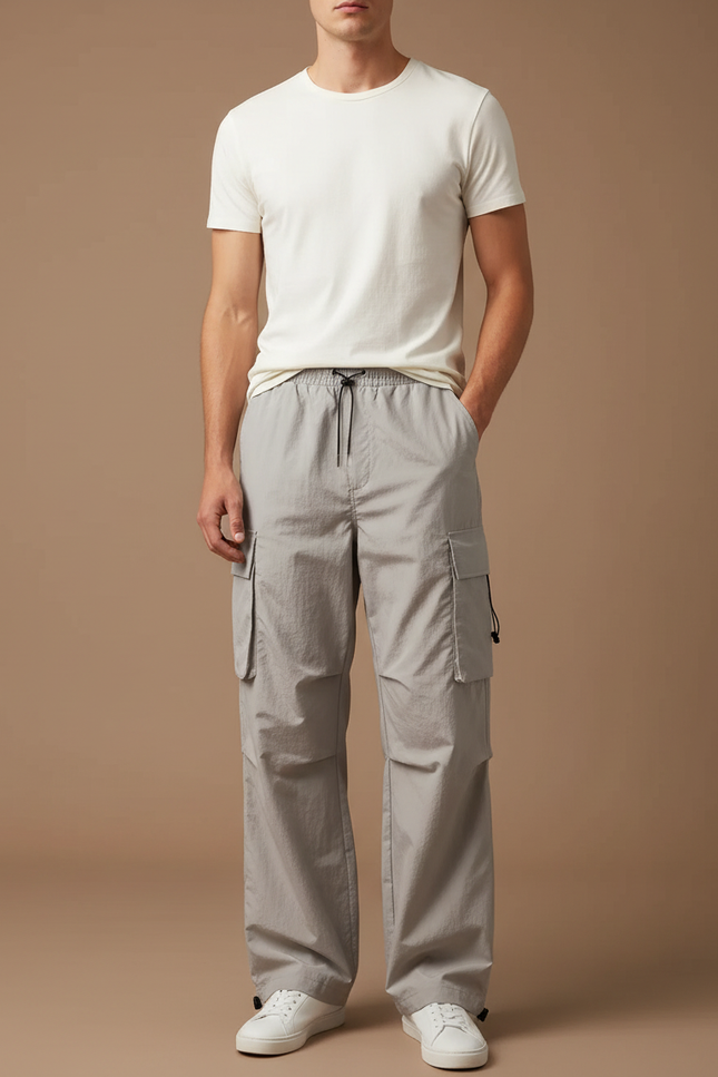 Pantalon Cargo Gris Ample Décontracté Léger Multi-Poches - Polyester