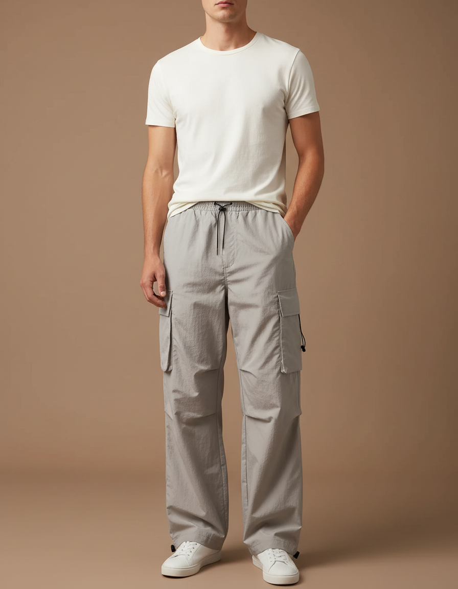 Pantalon Cargo Gris Ample Décontracté Léger Multi-Poches - Polyester
