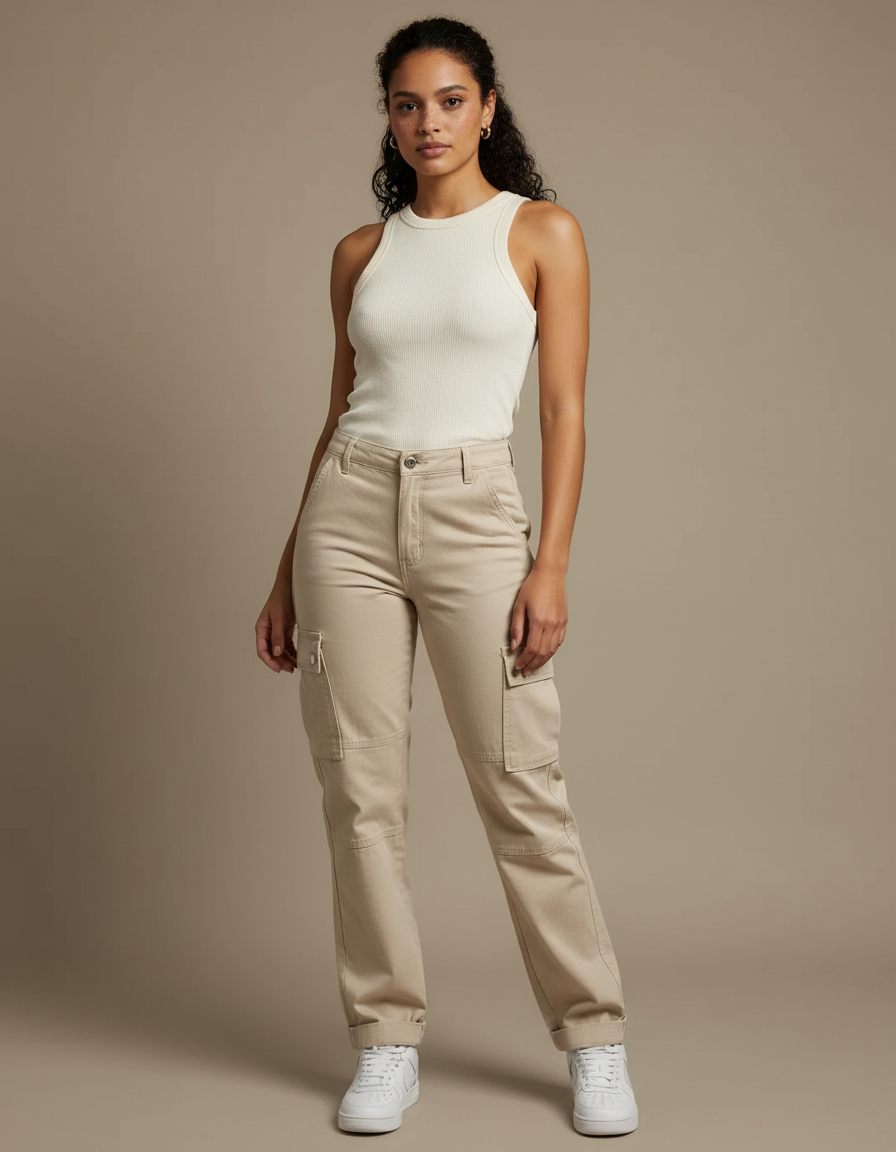 Pantalon Cargo Beige Décontracté Ample Coton Taille Haute - Gabardine