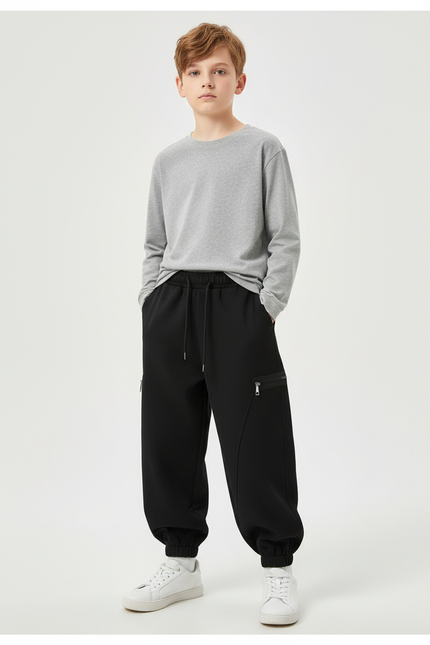 Pantalon Cargo Noir Ample Multipoches Enfant Coton - Molleton