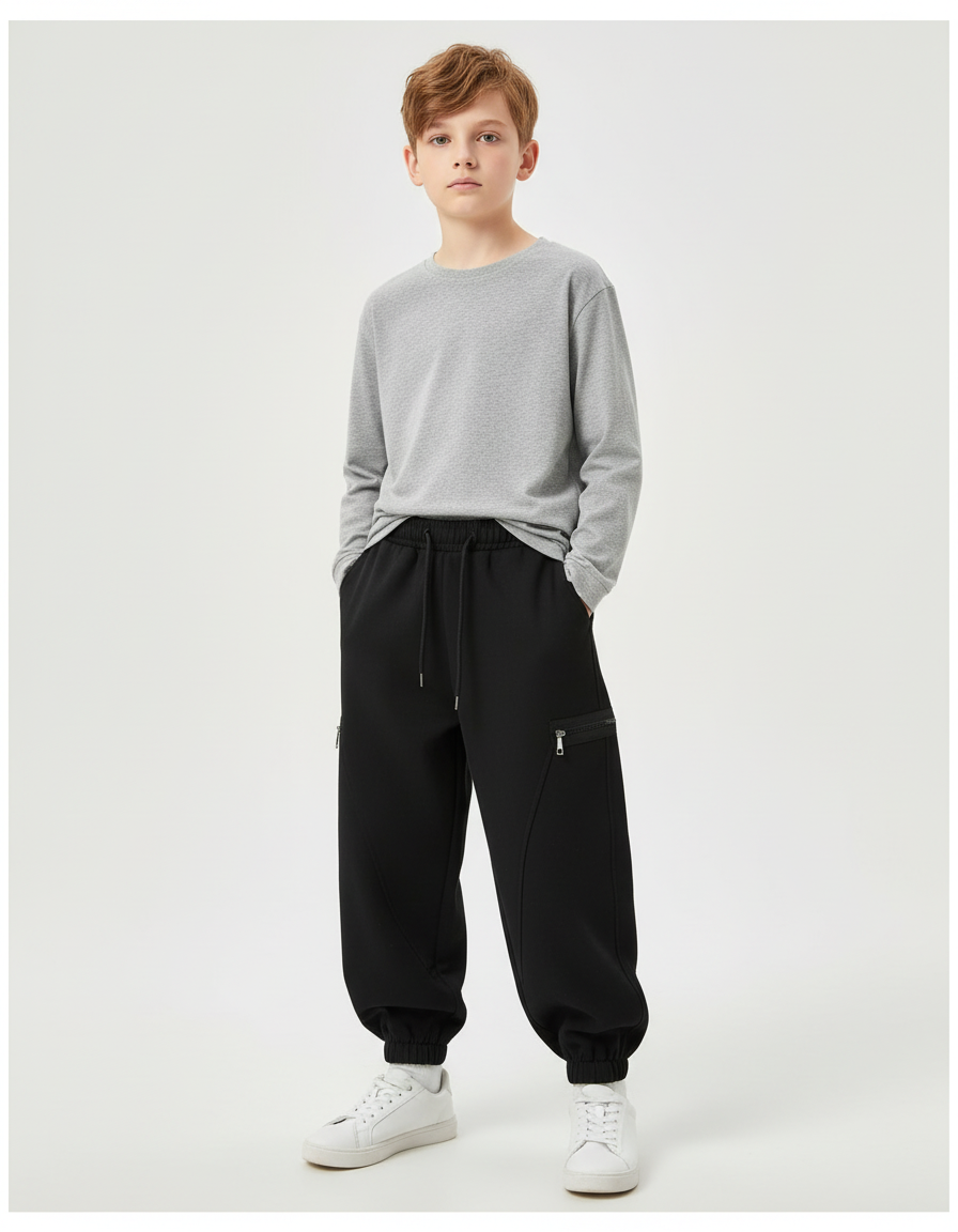 Pantalon Cargo Noir Ample Multipoches Enfant Coton - Molleton
