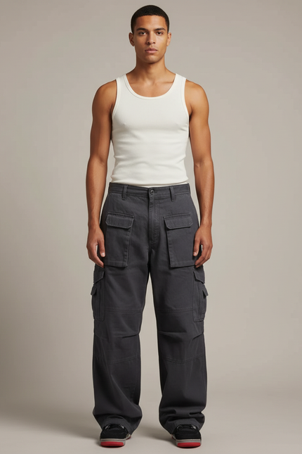Pantalon Cargo Gris Ample Décontracté Homme Multi-Poches - Toile