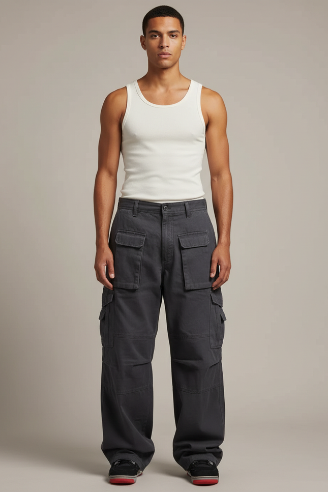 Pantalon Cargo Gris Ample Décontracté Homme Multi-Poches - Toile