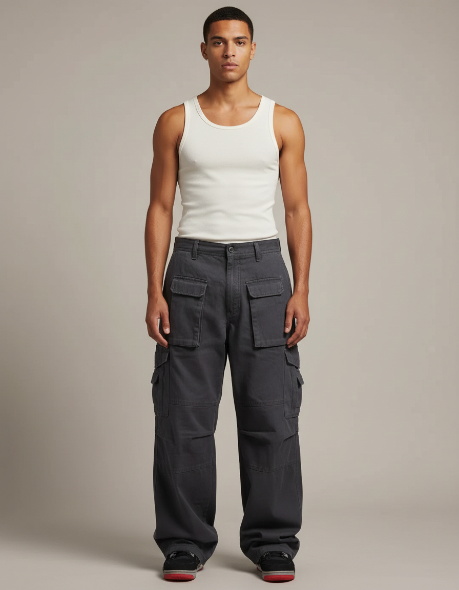 Pantalon Cargo Gris Ample Décontracté Homme Multi-Poches - Toile