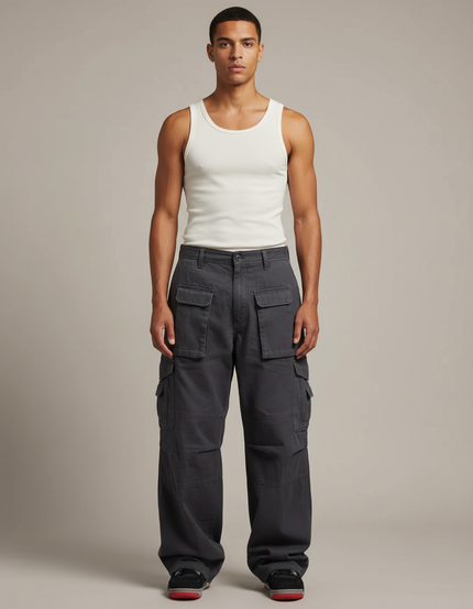 Pantalon Cargo Gris Ample Décontracté Homme Multi-Poches - Toile