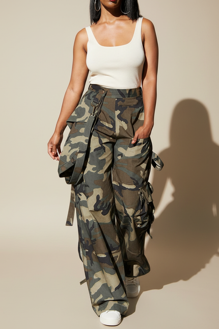 Pantalon Cargo Camouflage Ample Multipoches Streetwear Femme - Multicolore Toile