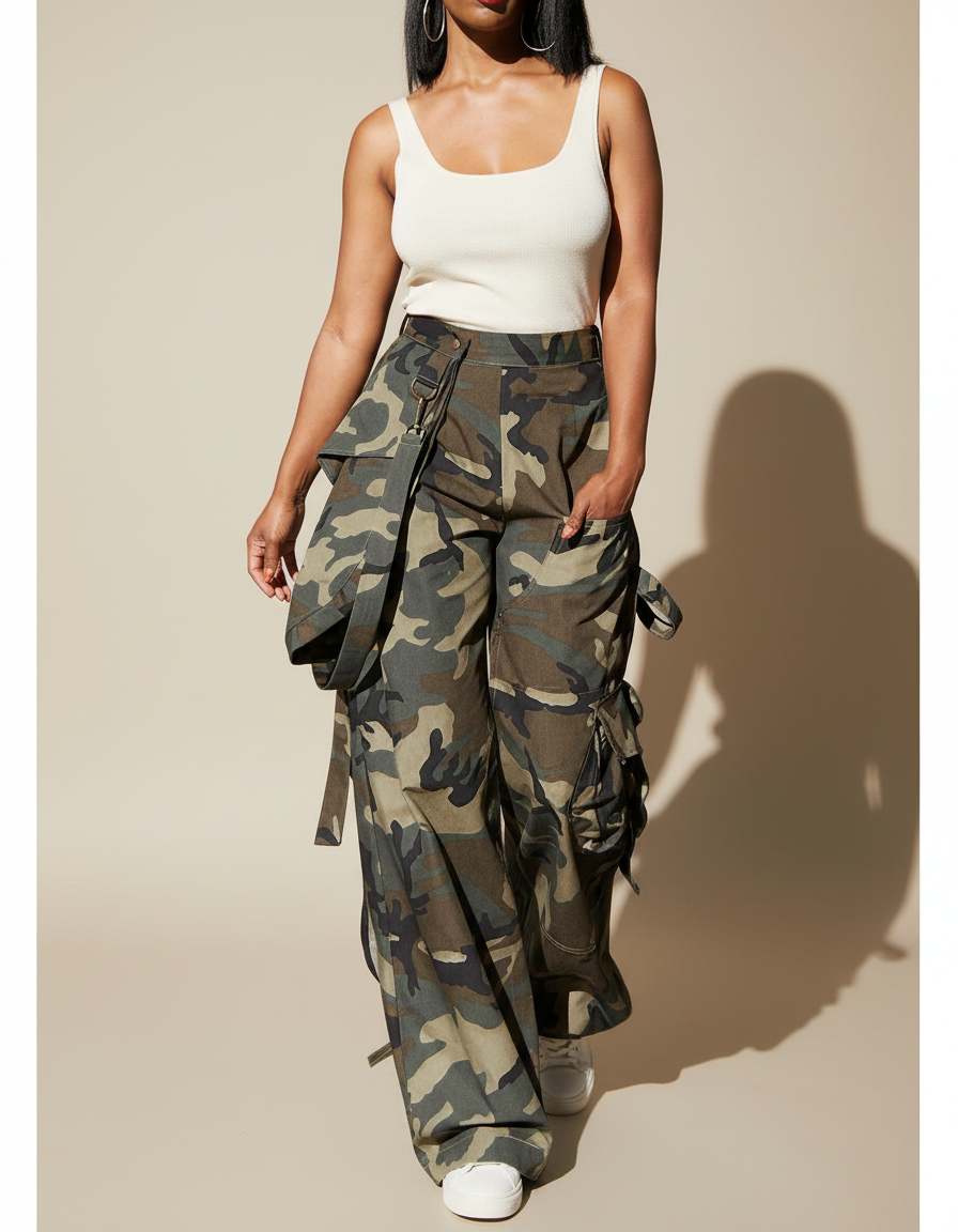 Pantalon Cargo Camouflage Ample Multipoches Streetwear Femme - Multicolore Toile