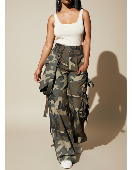 Pantalon Cargo Camouflage Ample Multipoches Streetwear Femme - Multicolore Toile