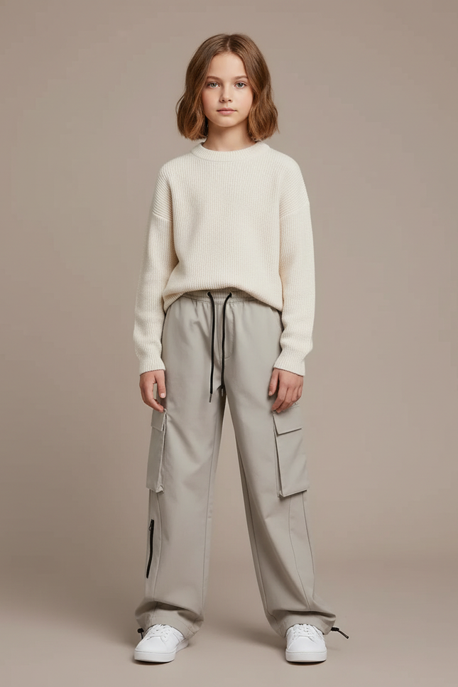 Pantalon Cargo Gris Clair Ample Décontracté Enfant - Polyester