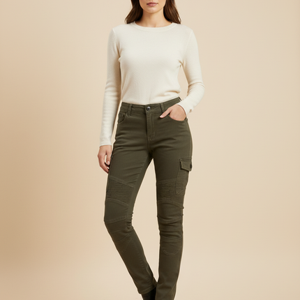 Pantalon Cargo Kaki Slim Femme Motard Coton