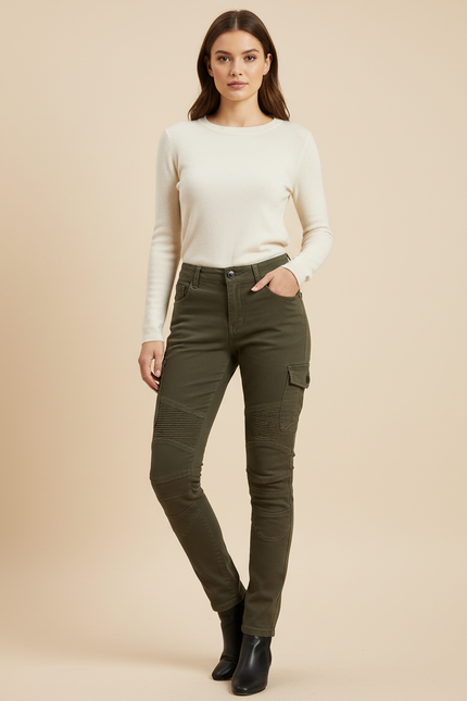 Pantalon Cargo Kaki Slim Femme Motard Coton
